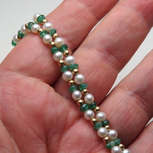 14k Gold Green Aventurine & Cultured pearl Necklace - Picture 1 of 3